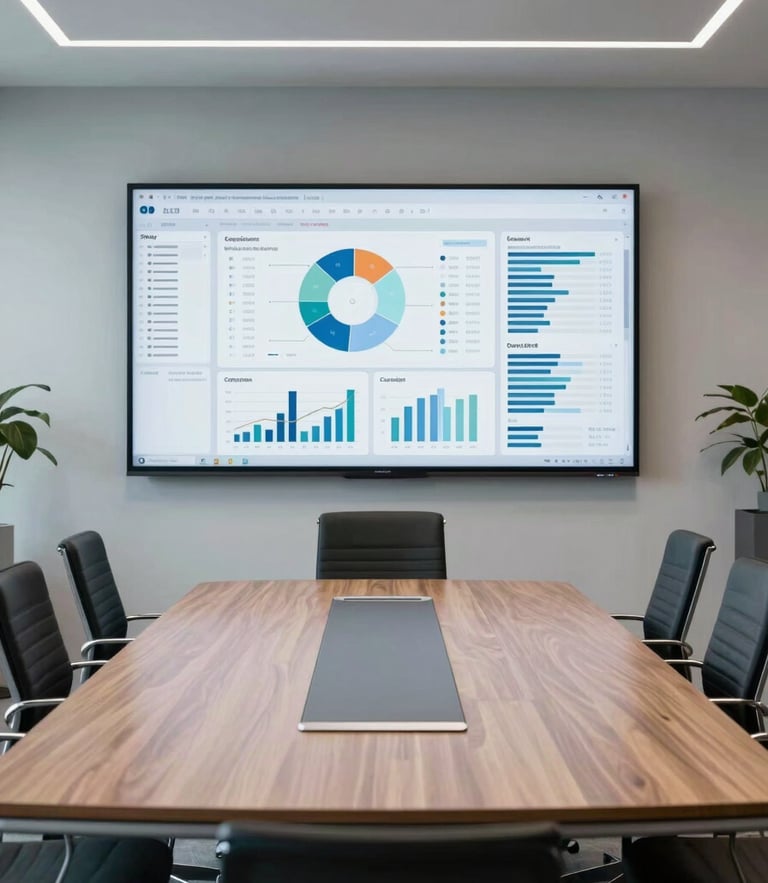 Clean corporate boardroom with analytical dashboards on a screen, sharp studio lighting, cool-toned daylight, wide perspective.