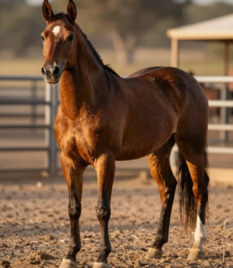 A young sorrel overo paint prospect standing square in a dusty round pen, golden hour light highlighting strong hocks and clean bone.