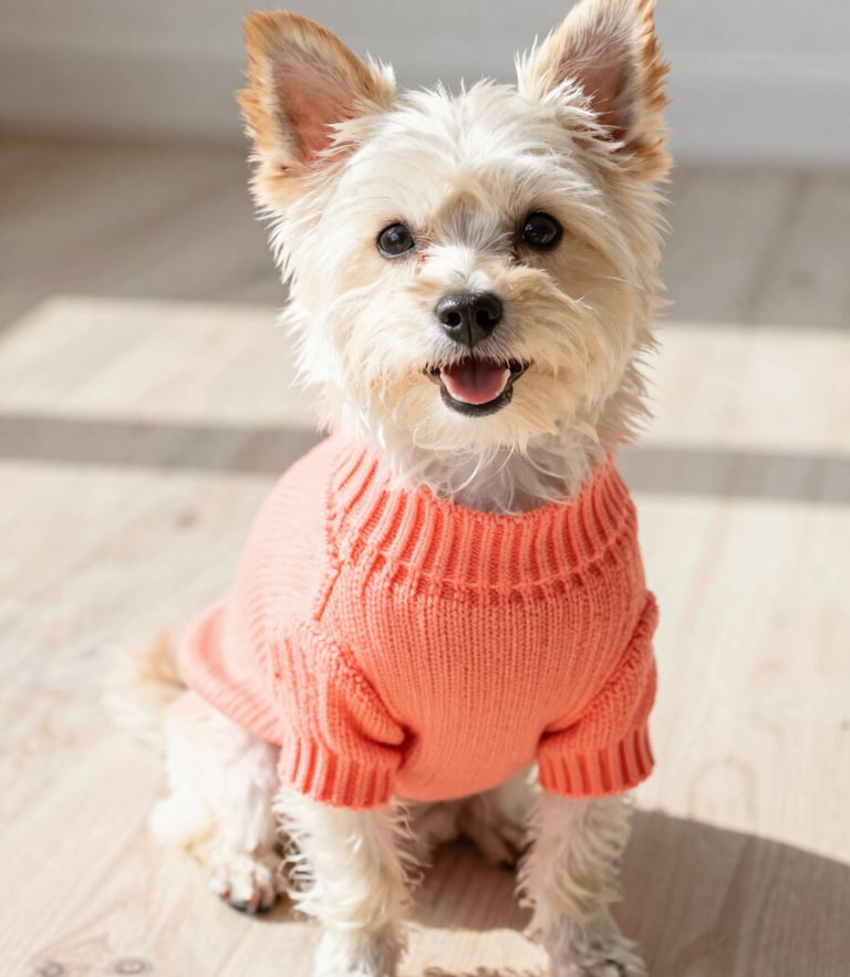 A happy small dog wearing a vibrant coral knitted sweater, sitting comfortably on a light wooden floor, bright natural daylight, warm tones, eye-level medium shot.