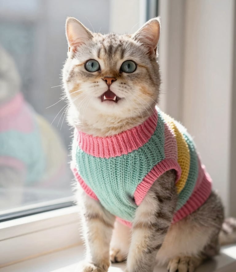 A happy domestic short-hair cat wearing a colorful miniature knit sweater, sitting comfortably on a sunny windowsill, bright natural daylight, eye-level medium shot