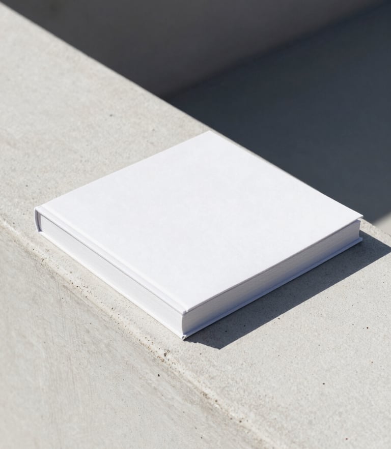 A minimalist hardback book resting on a stark off-white concrete ledge, bright high-contrast daylight, sharp architectural shadows, editorial product photography, 35mm