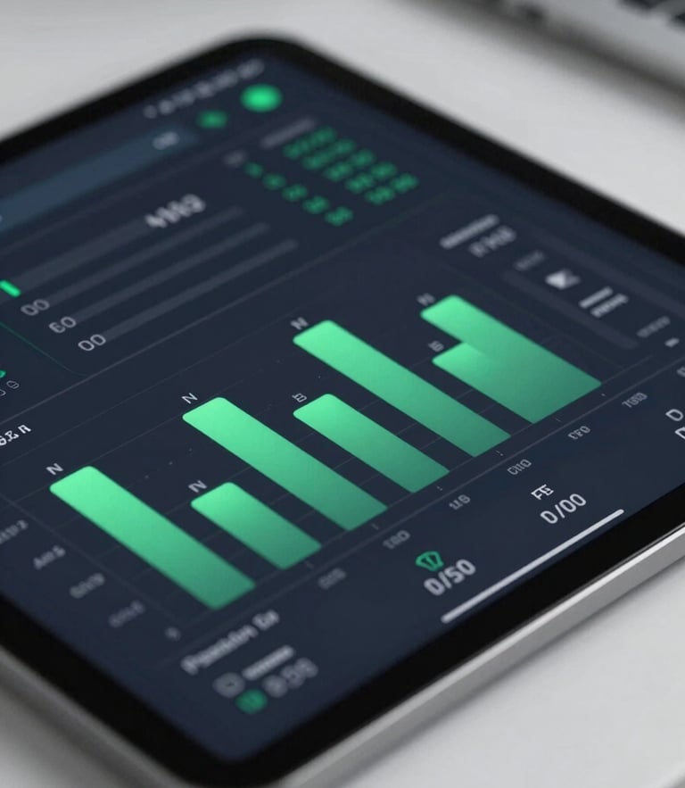 Macro shot of a high-resolution dark mode data dashboard showing clean green conversion charts, cool studio light, shallow depth of field