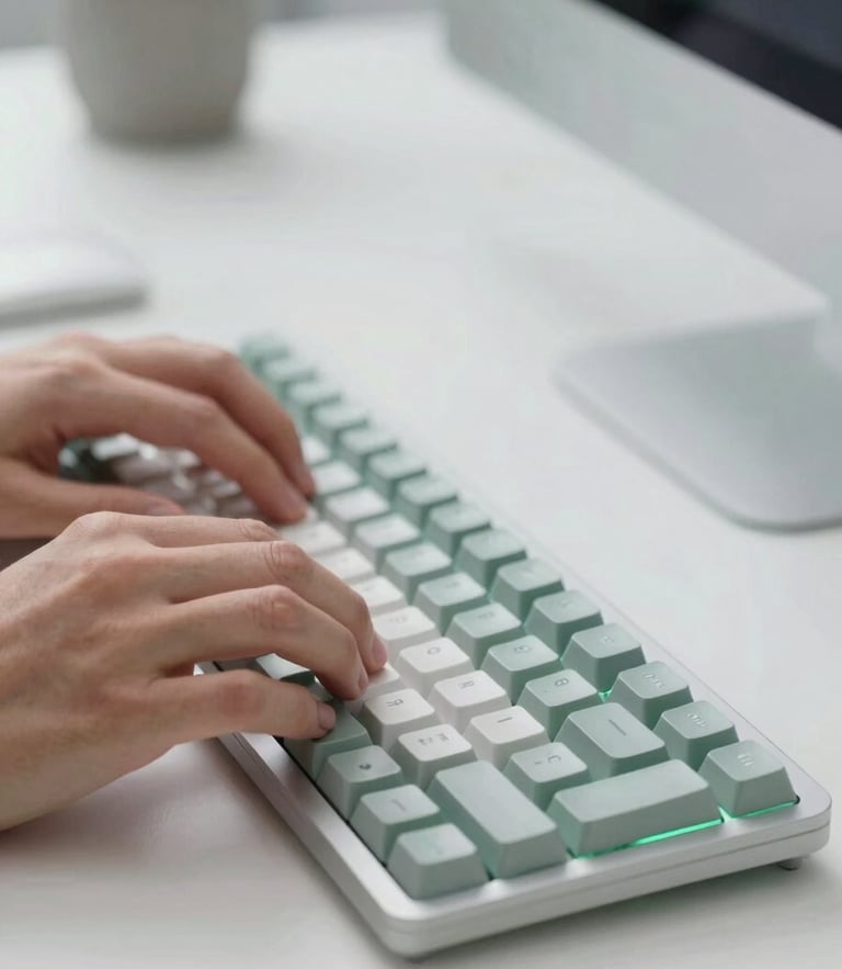 Close-up of clean modern workspace, hands on mechanical keyboard, cool studio light with subtle green accents, shallow depth of field