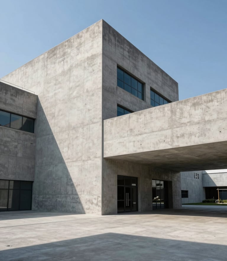 Wide-angle architectural daylight shot of a modern concrete industrial factory with sharp geometric lines and high-contrast daylight shadows.