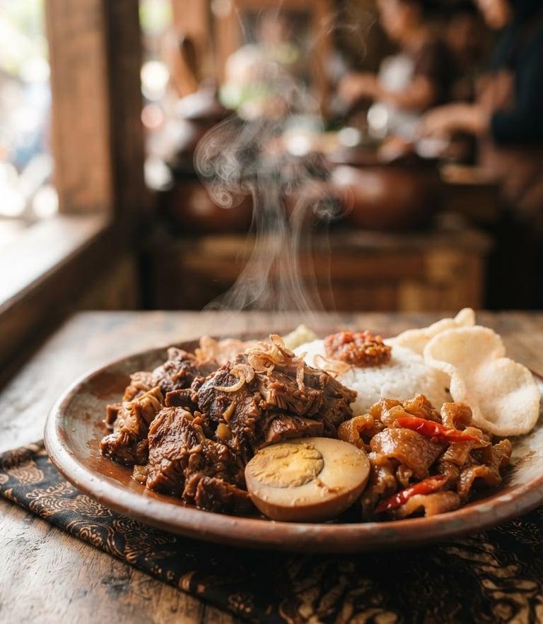 Warm editorial food photography, close-up of steam rising from a freshly plated traditional Gudeg set with jackfruit and egg, soft side window light, shallow depth of field, 35mm