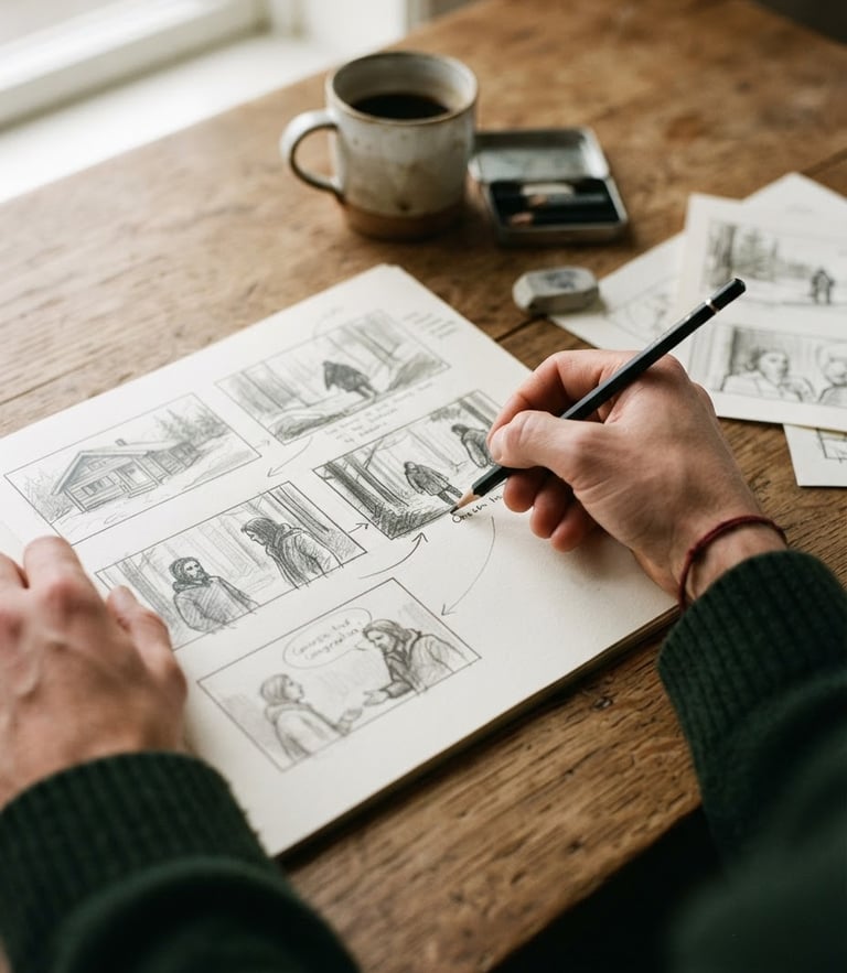 Close-up of hands sketching a storyboard on a wooden table, warm editorial photography, soft Scandinavian overcast daylight, deep crimson and forest green tones, 35mm film