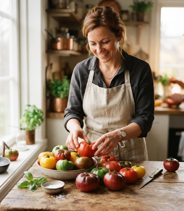 An editorial portrait of a chef in a linen apron arranging fresh heirloom tomatoes on a rustic wooden table, soft overcast daylight from a side window, warm tones, 35mm film.