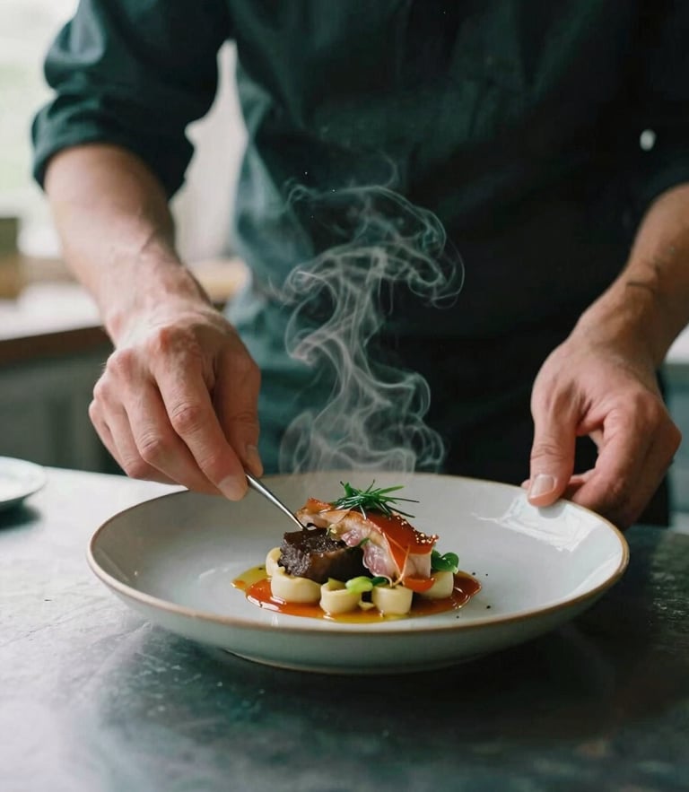 A chef's hands carefully plating a dish in a moody, natural-light kitchen, steam rising, warm editorial photography, soft Scandinavian overcast daylight, 35mm film