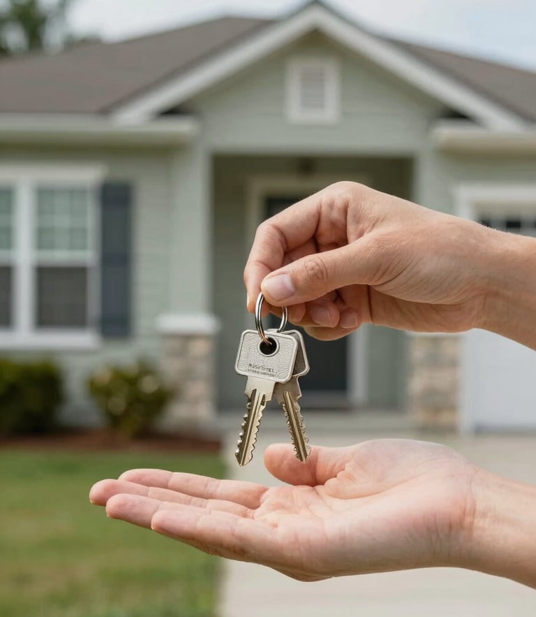 Close-up of house keys being handed over in front of a modest Florida home exterior, bright natural daylight, honest eye-level shot