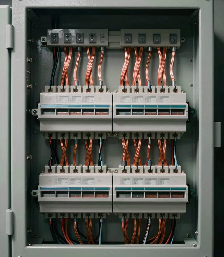 Symmetrical portrait shot of a pristine electrical control panel, perfectly routed parallel copper wiring, clean minimalist layout, dramatic low-key lighting highlighting metallic textures.
