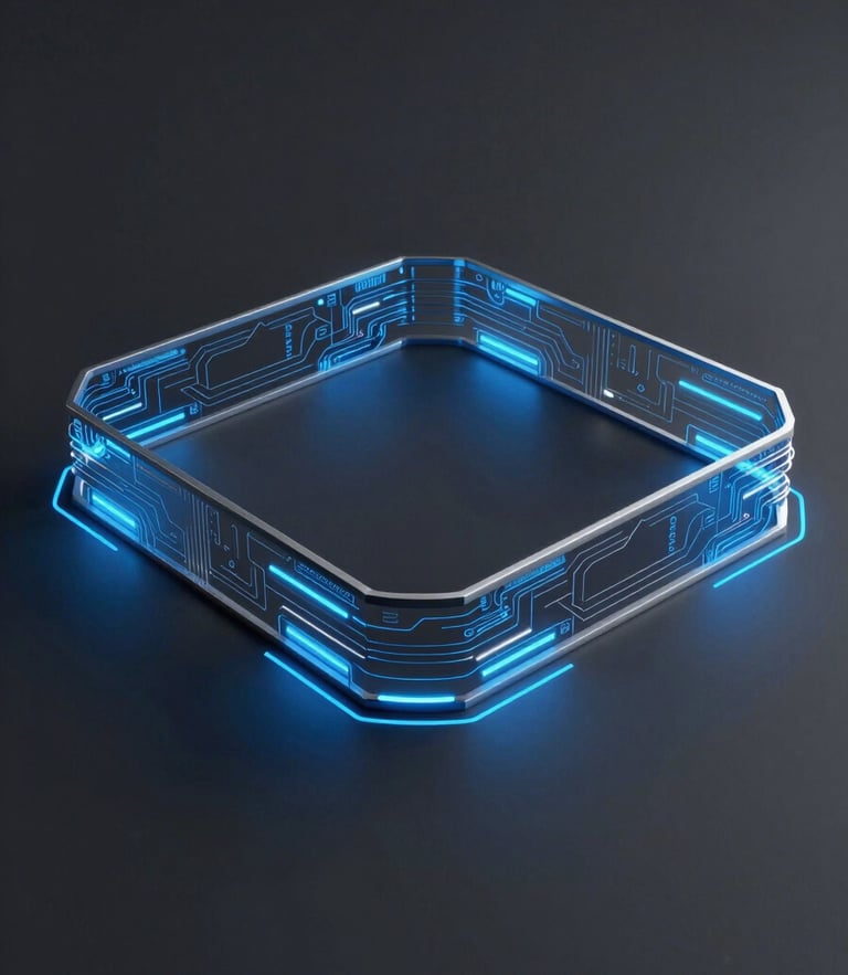 Sleek 3d render of a secure glowing data perimeter, dark slate background, vibrant electric blue accents, clean technical lines, high-contrast studio lighting