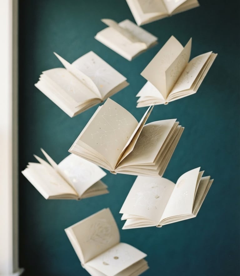 Minimalist white line-art illustration of open books floating elegantly, soft gold foil accents, deep teal backdrop, clean studio lighting, premium editorial style.