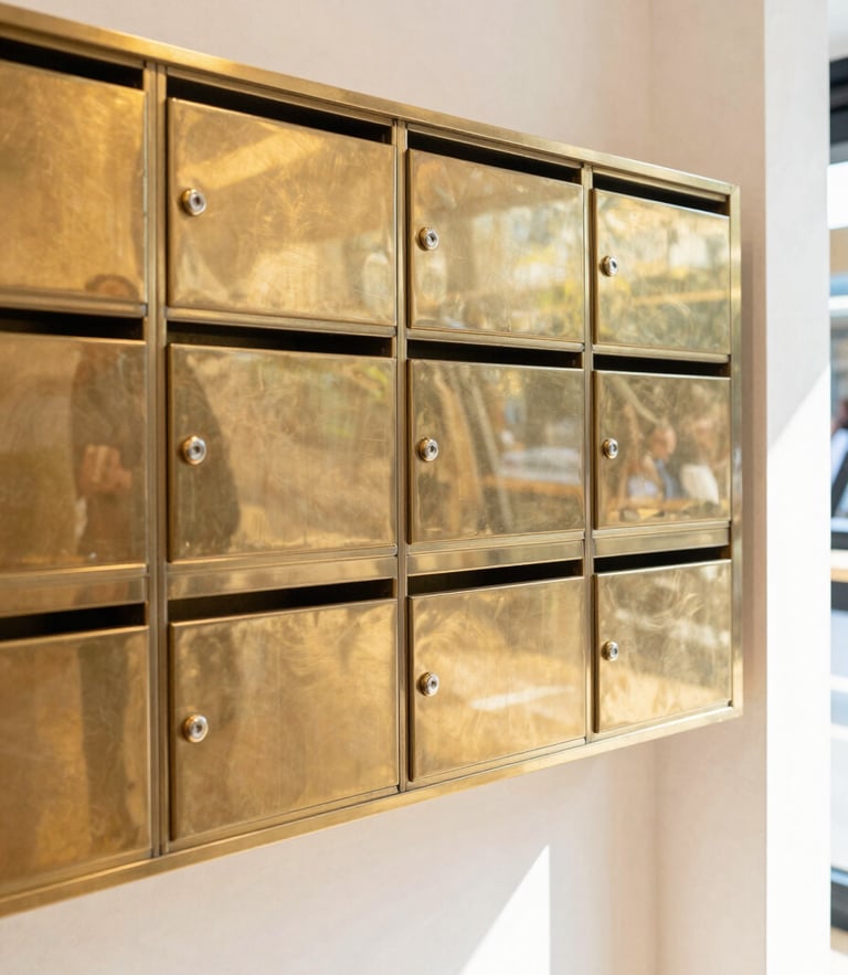 Bright daylight editorial photo of a wall of polished brass private mailboxes inside a clean modern retail store, sharp focus, 35mm