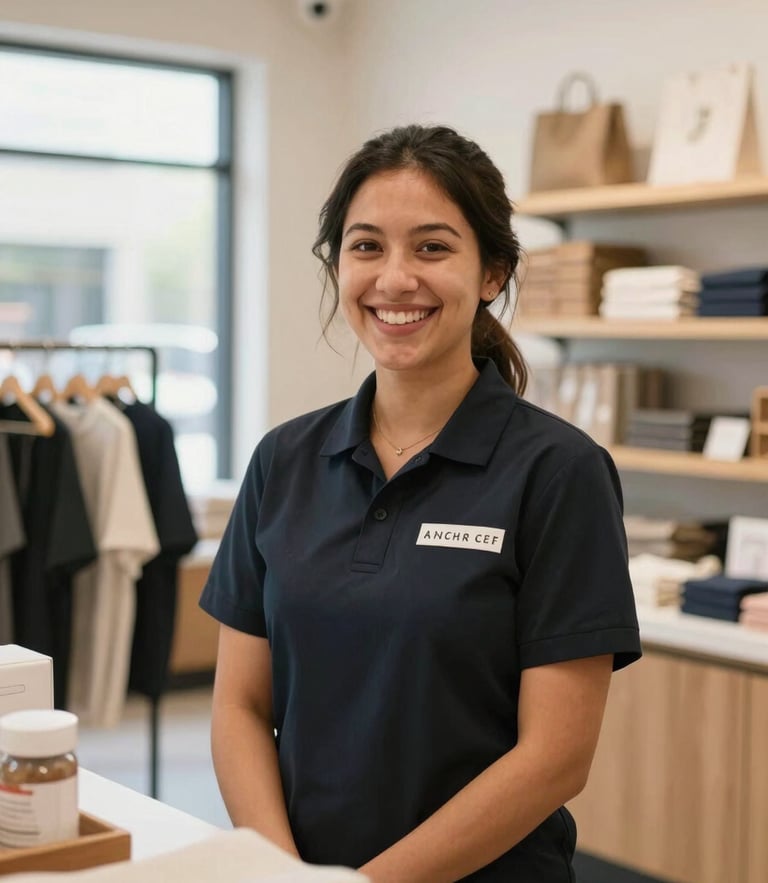 Bright editorial photography of a friendly bilingual staff member smiling in a clean, modern Anaheim retail store, warm inviting natural light, 35mm