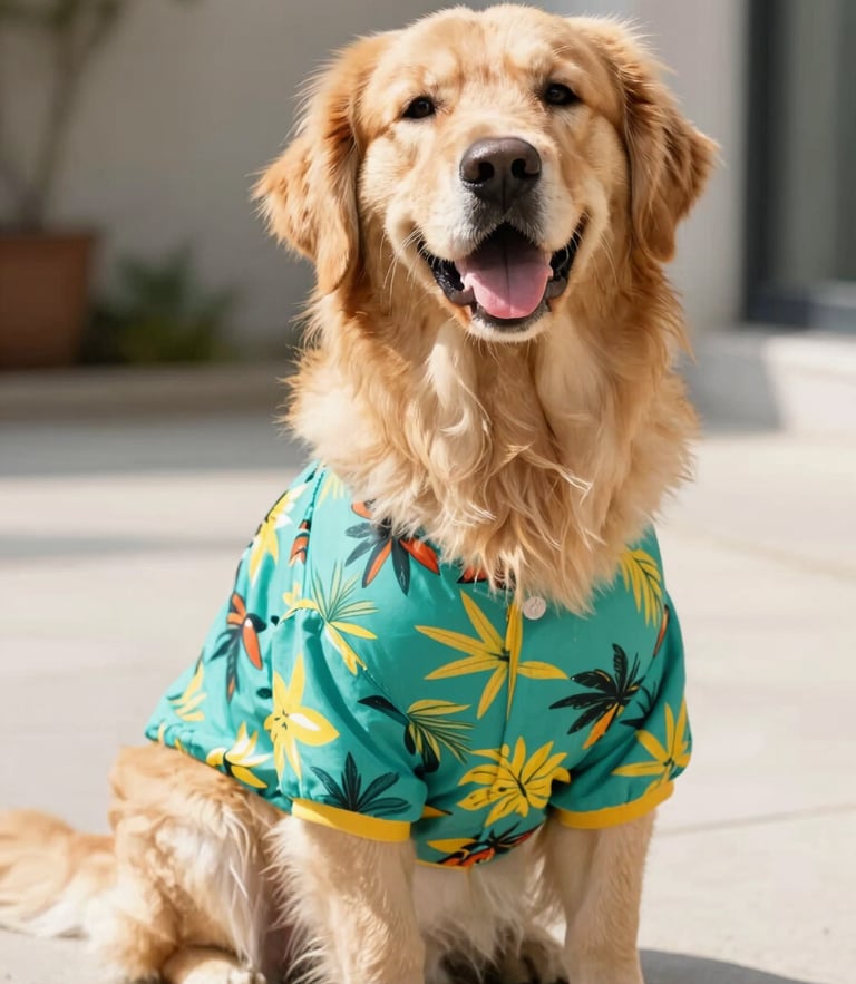 A joyful Golden Retriever sitting proudly wearing a colorful tropical pet shirt, bright natural daylight, shallow depth of field, 35mm