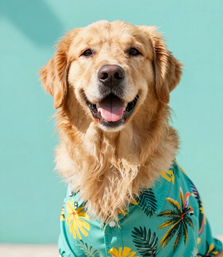Vibrant portrait of a happy golden retriever wearing a colorful tropical shirt, bright natural daylight, soft teal background, eye-level, 35mm