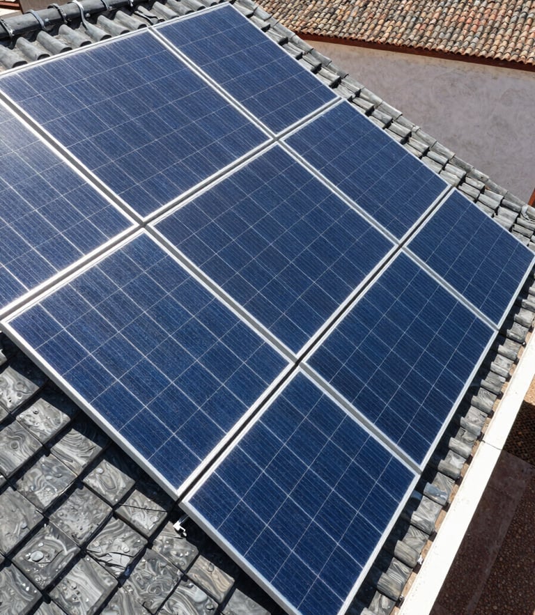 Close-up of clean modern solar panels installed on a residential tiled roof in Córdoba, bright daylight, high-contrast blue and slate tones, sharp technical photography