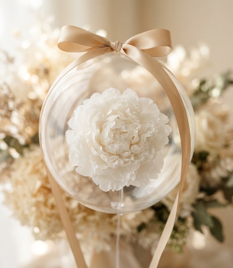 Macro shot of a transparent balloon encasing a single preserved white peony, tied with a silk champagne gold ribbon, soft natural light, shallow depth of field