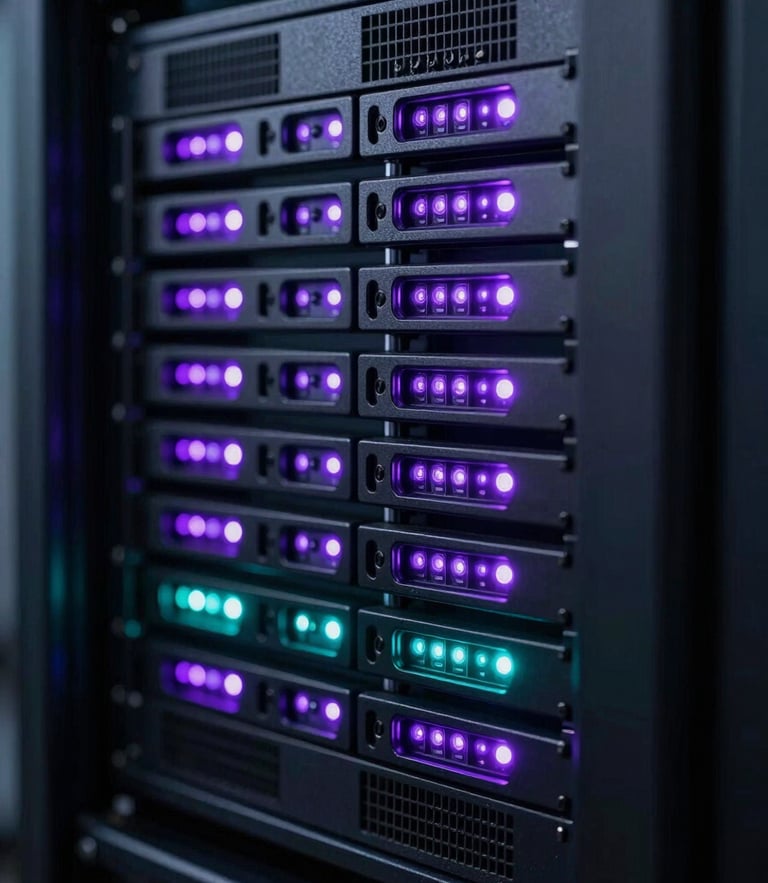 Cinematic macro shot of dark modern server racks, glowing neon purple and cyan LED indicator lights, shallow depth of field, cyber-noir atmosphere.
