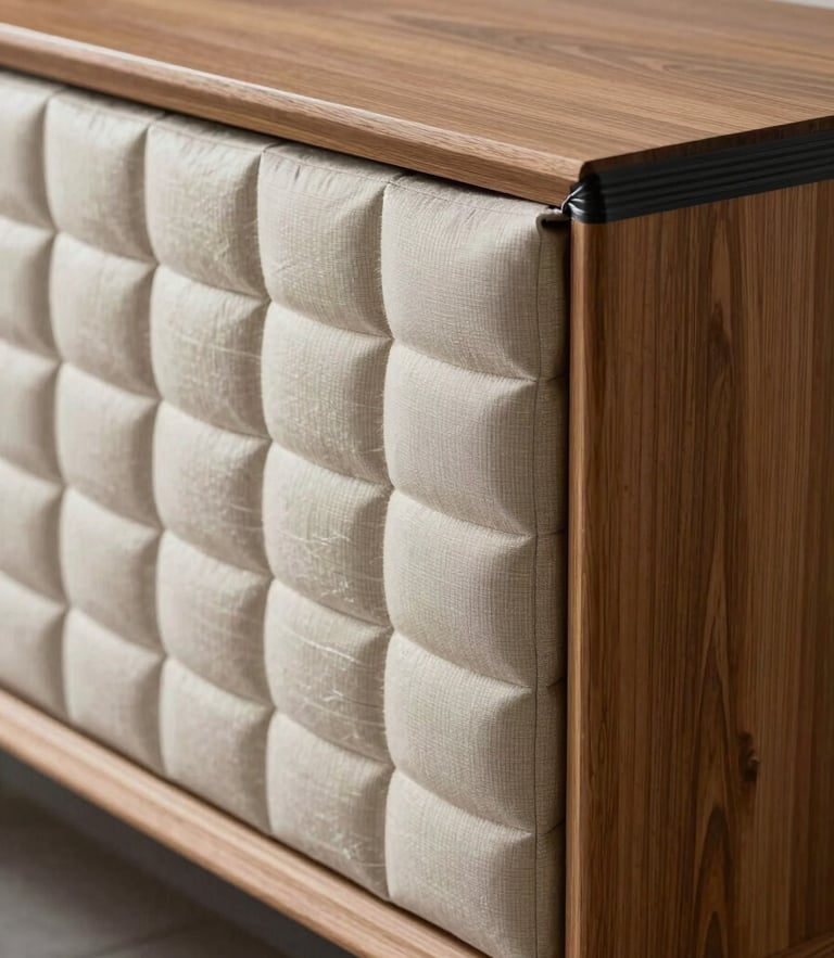 Close-up of high-density quilted protective padding wrapped tightly around a premium wood credenza edge, secured with heavy-duty black tension tape, crisp industrial lighting.