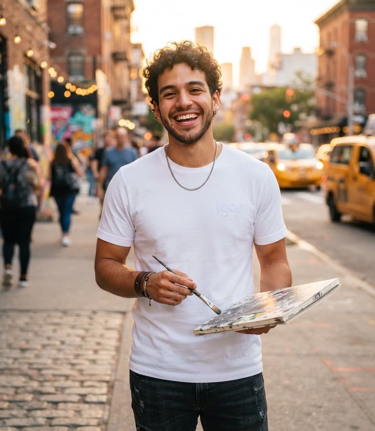 Bright editorial photography of a young Latino artist smiling in warm golden-hour light, wearing a clean white LGQR branded t-shirt, outdoor urban background