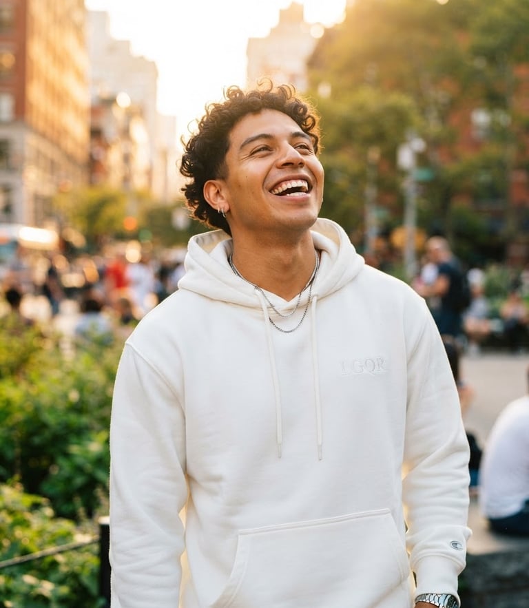 Bright editorial photography of a young smiling Latino man in a warm golden-hour setting, wearing a premium white LGQR streetwear hoodie, looking upward with joy, high-key natural daylight
