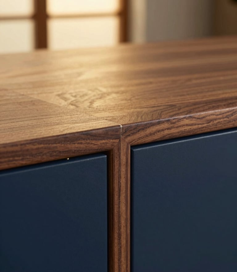 Macro close-up of a master joiner hand-finishing a premium walnut cabinet joint, warm golden-hour side light, rich deep blue and gold tones, high-end woodwork, 35mm