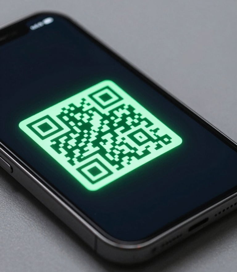 Sleek macro shot of a smartphone screen displaying a sharp, glowing QR code on a dark, cool-toned minimalist glass surface, electric green accent light, 35mm lens.