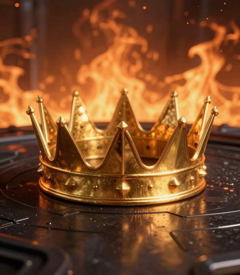 A majestic golden crown resting on a dark metallic surface, dramatic fiery orange backlight, cinematic high-contrast 3D render, 8k