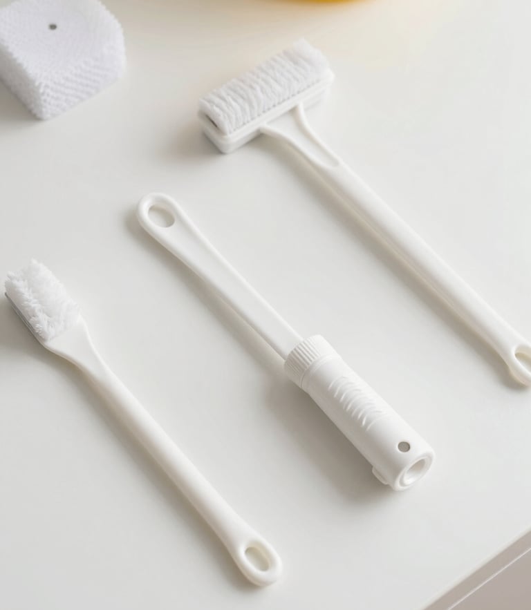 Top-down detail shot of neatly arranged professional cleaning tools on a clean white surface, bright high-key lighting, subtle yellow accent, crisp focus, 35mm