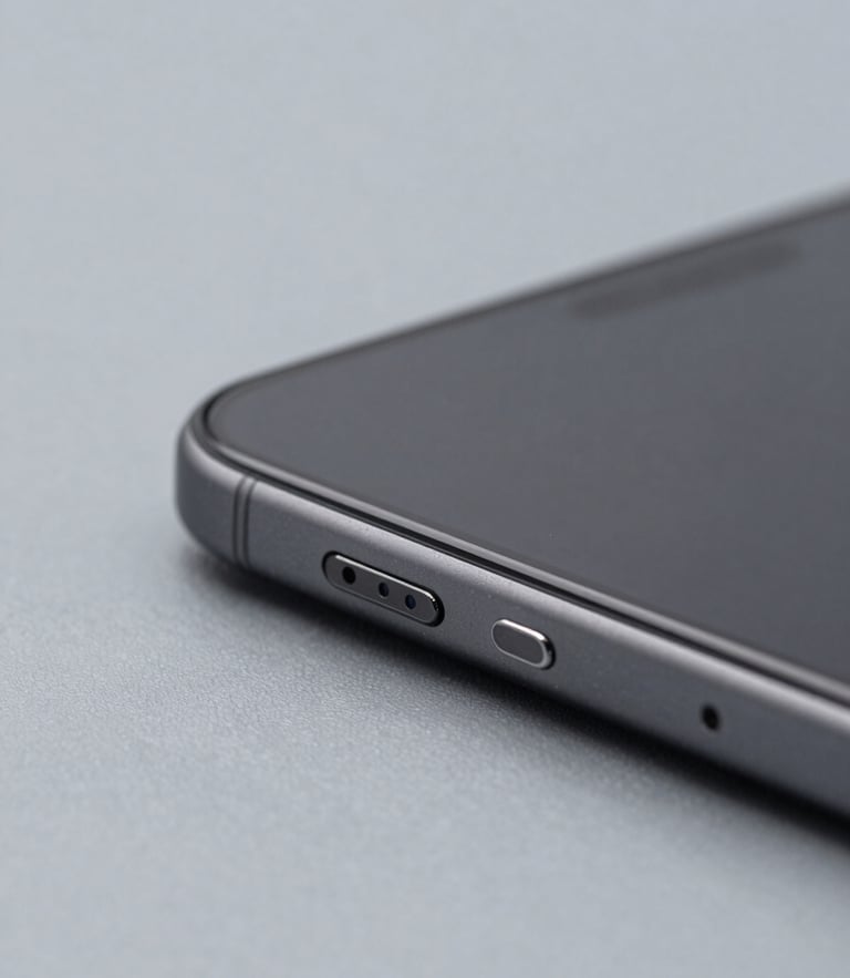 Crisp macro product photography of a smartphone side edge showing perfect bezel condition on a clean slate gray background, neutral studio lighting