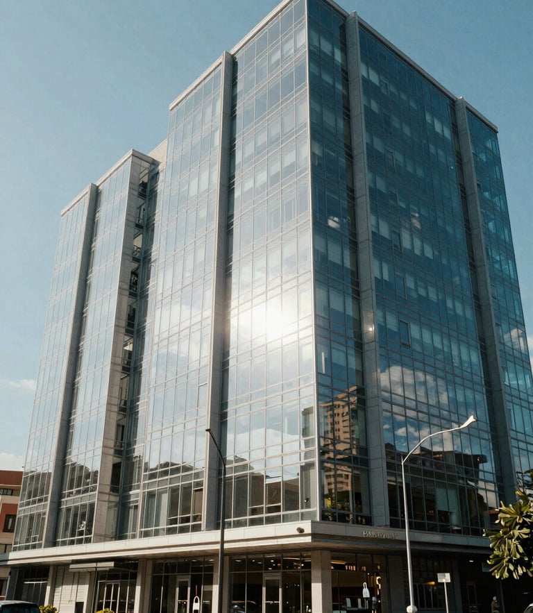 Wide angle, bright natural daylight, modern commercial architecture in Gaborone, clean glass facades with sharp geometric shadows, negative space on the left