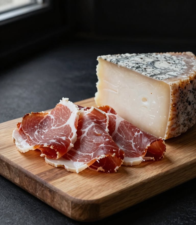 Moody close-up of sliced Corsican coppa and sheep cheese on a raw light-oak wood board, dark matte black background, high-contrast side window lighting