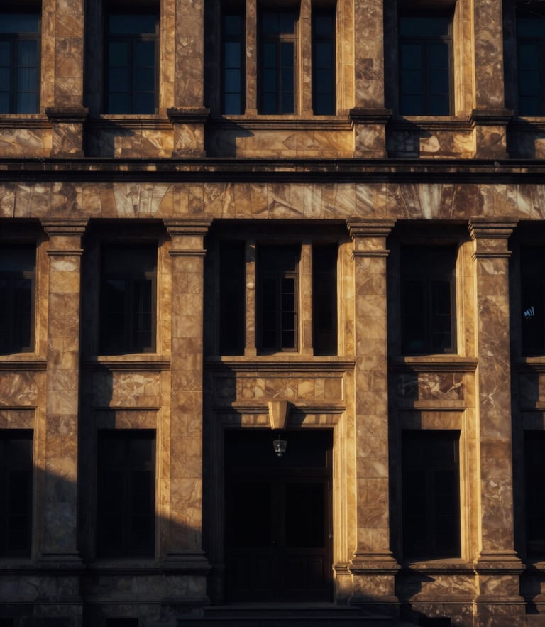 Symmetrical architectural detail of the Lahore High Court facade, dramatic low-key side-lighting, deep navy shadows and warm golden stone textures, captured with a 50mm lens.