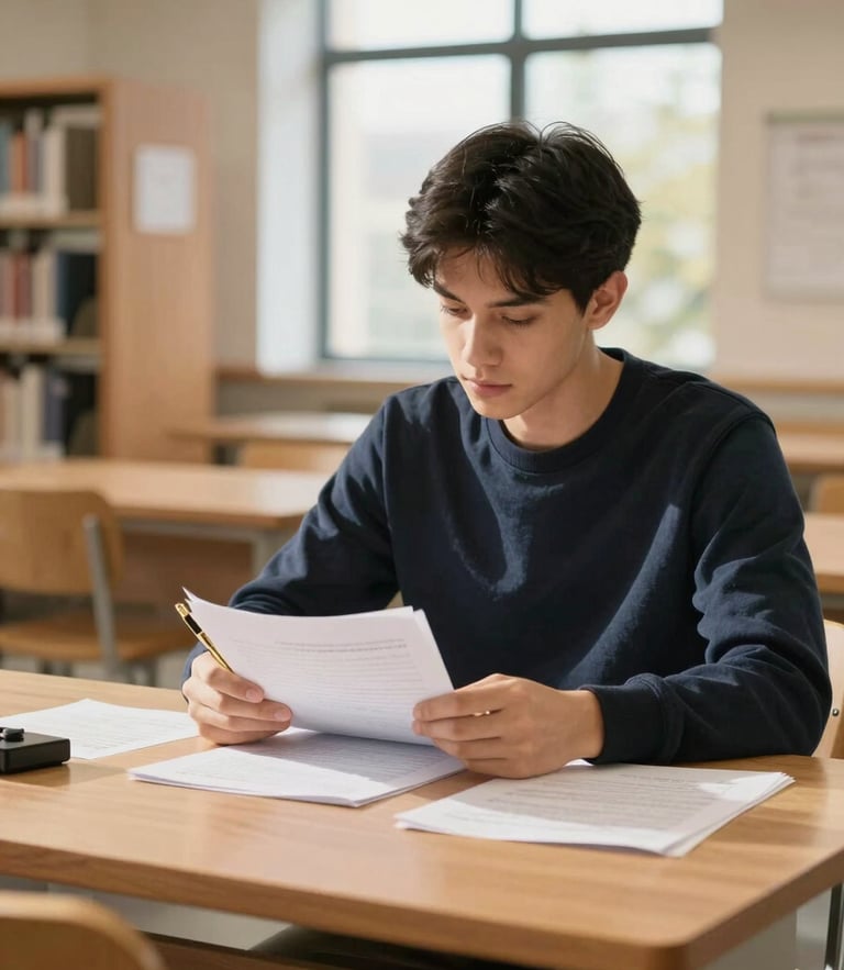 A focused university student in a clean, sunlit modern library, reviewing research papers with a gold-nibbed pen on a timber desk, warm window light, shallow depth of field.