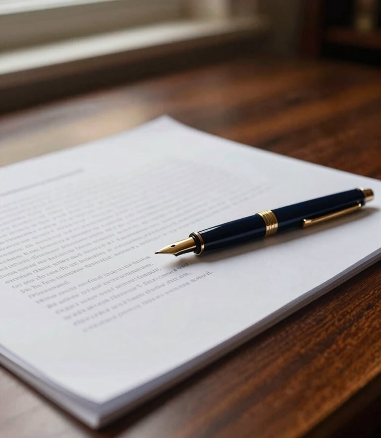 A close-up of research papers with gold-nibbed pens on a dark mahogany library desk, warm window light, shallow depth of field, 35mm