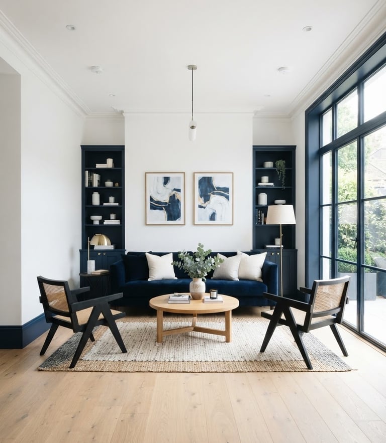 Straight-on architectural shot of a bright modern living room with pristine white walls and deep blue accent trim, natural daylight, 35mm