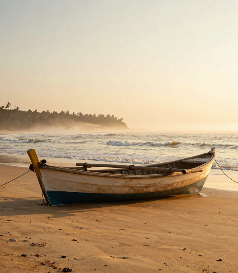 Wide environmental portrait of a traditional wooden fishing boat resting on the golden sands of Piúma beach at sunrise, warm ocean mist in the background