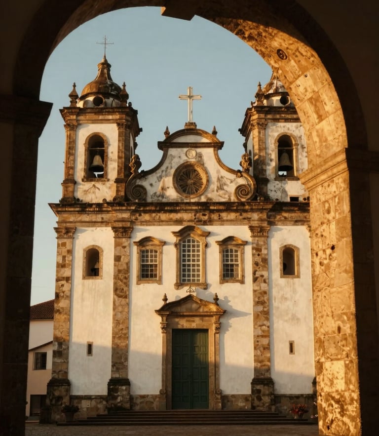 Warm golden hour view of the historic Jesuit church in Anchieta, stone arches, soft sunlight, cinematic 35mm photography