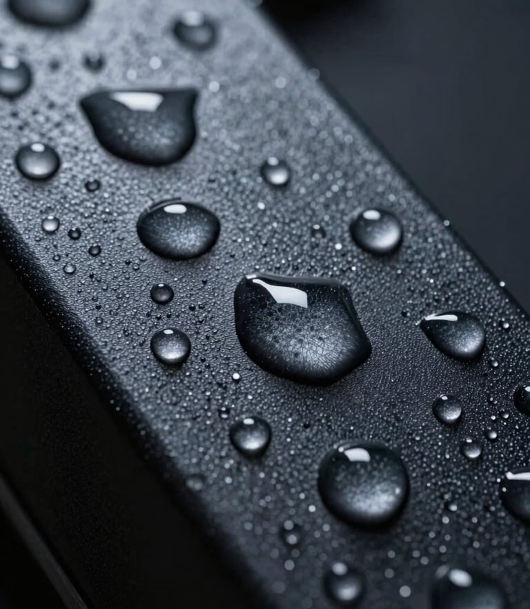 Extreme macro shot of water-beading on a dark, textured hydrophobic coating under sharp laboratory directional light.