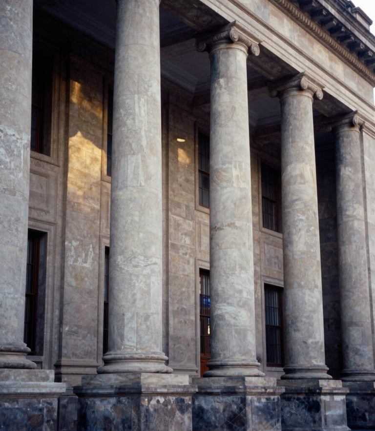 Architectural close-up of a prestigious Mexican university facade, stone columns, soft morning daylight, editorial photography, 35mm