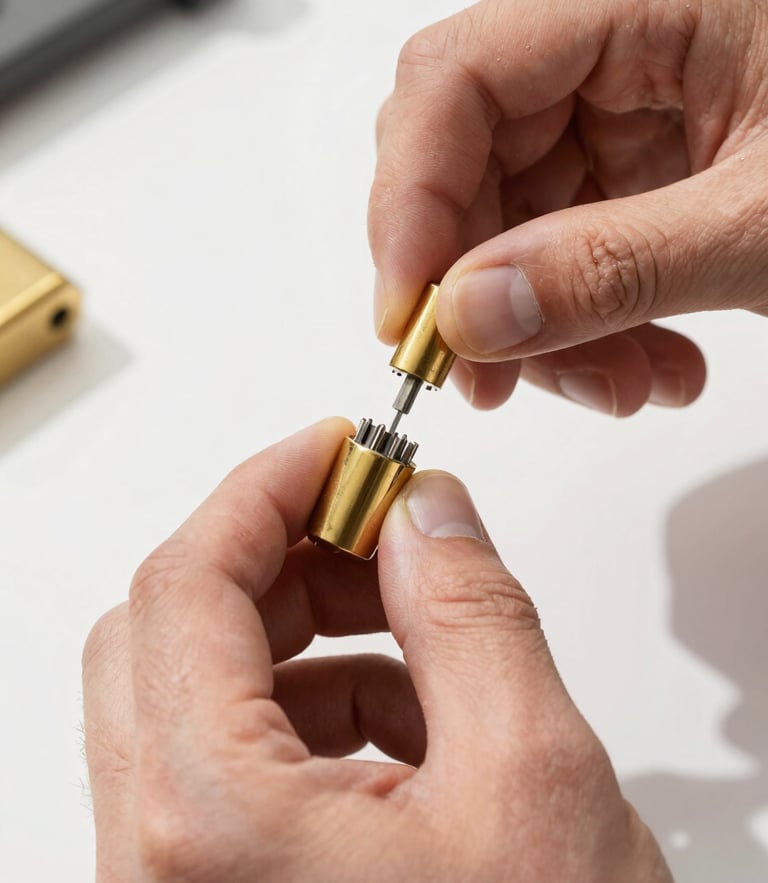 Close-up of a technician's hands rekeying a high-security brass lock cylinder with specialized pins, bright natural daylight, crisp utilitarian focus.
