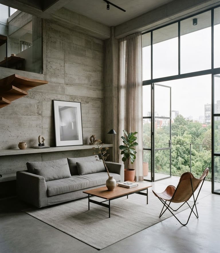 Minimalist modern apartment interior in Mexico City, concrete walls, high ceilings, soft natural light, elegant gray tones, 35mm photography
