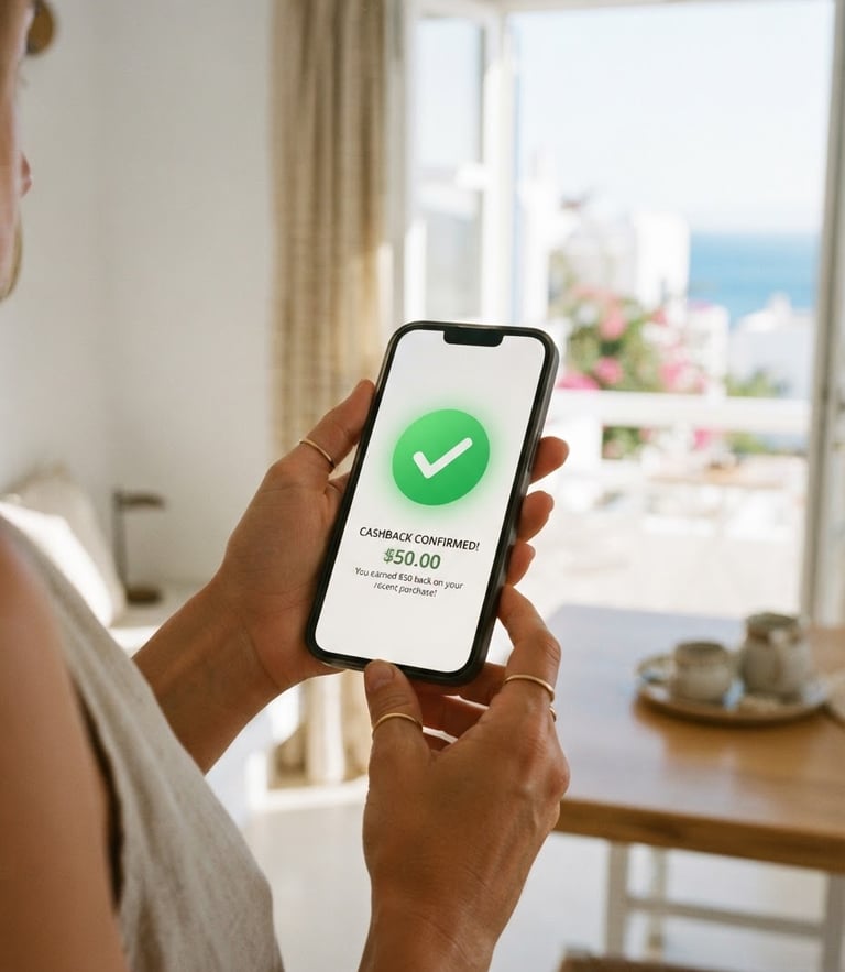Close-up of a modern smartphone screen displaying a cashback app with a green checkmark, held by a person in a bright, sunlit Greek apartment, warm natural daylight, soft focus
