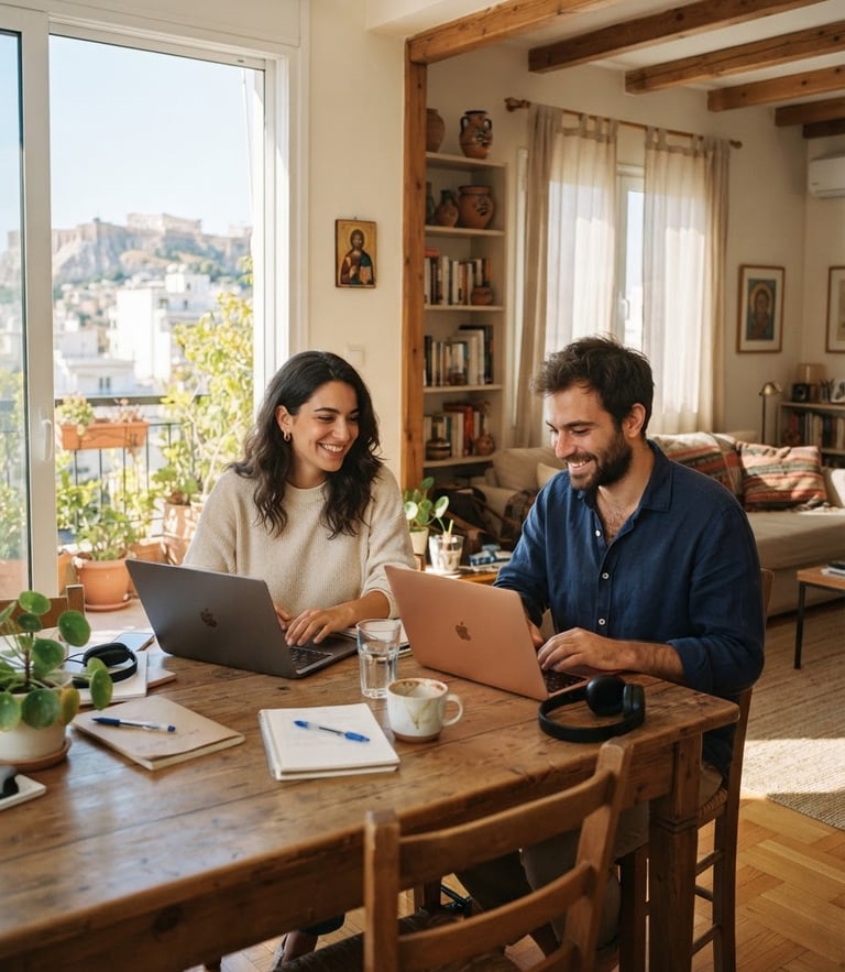 Warm lifestyle photography of two young Greek adults working on laptops in a bright, sunlit Athens apartment, soft focus, natural daylight, 35mm.