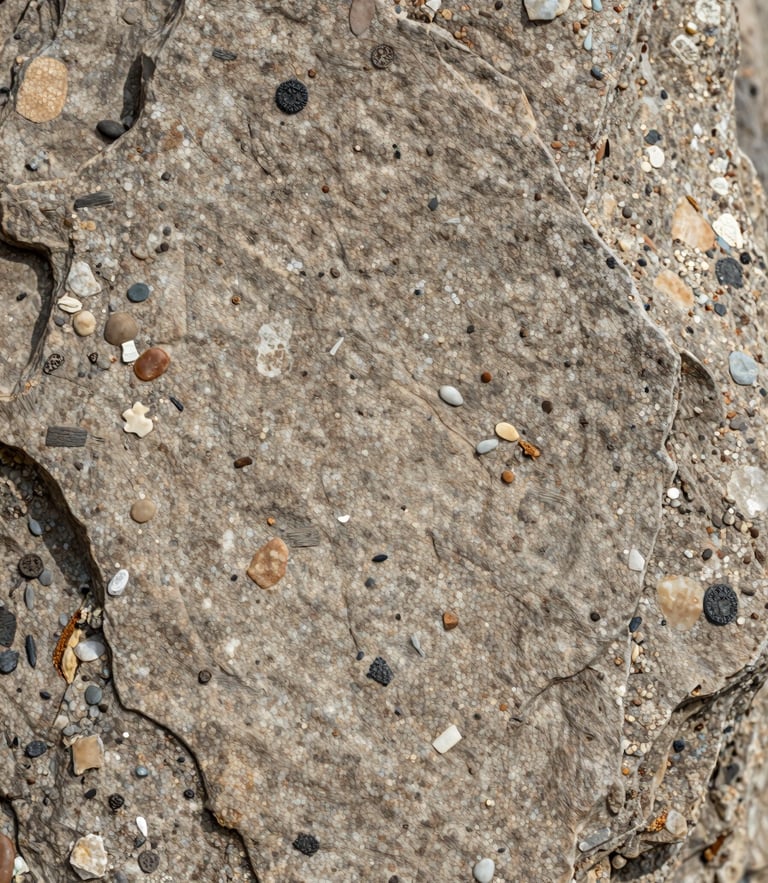 Macrophotographie de textures géologiques, roche sédimentaire fissurée avec des sédiments fins, lumière naturelle douce, mise au point sur les détails de la pierre.