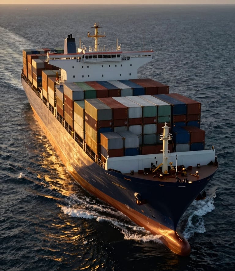 Cinematic aerial of a massive modern container ship cutting through calm deep ocean waters at sunset, gold light reflecting off the hull, high-contrast industrial realism