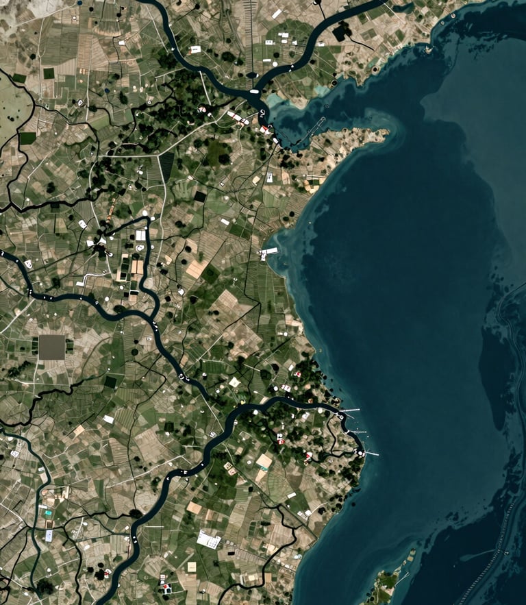 High-resolution satellite cartography overlay of the Amapá coast, showing river boundaries and land parcels in high contrast, natural equatorial daylight, macro details of technical lines.