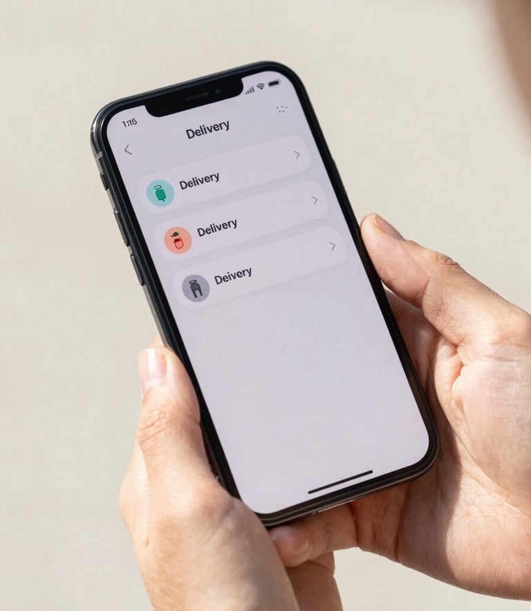 Close-up of hands holding a modern smartphone displaying a clean delivery app interface, bright natural daylight, soft neutral background, shallow depth of field, 35mm