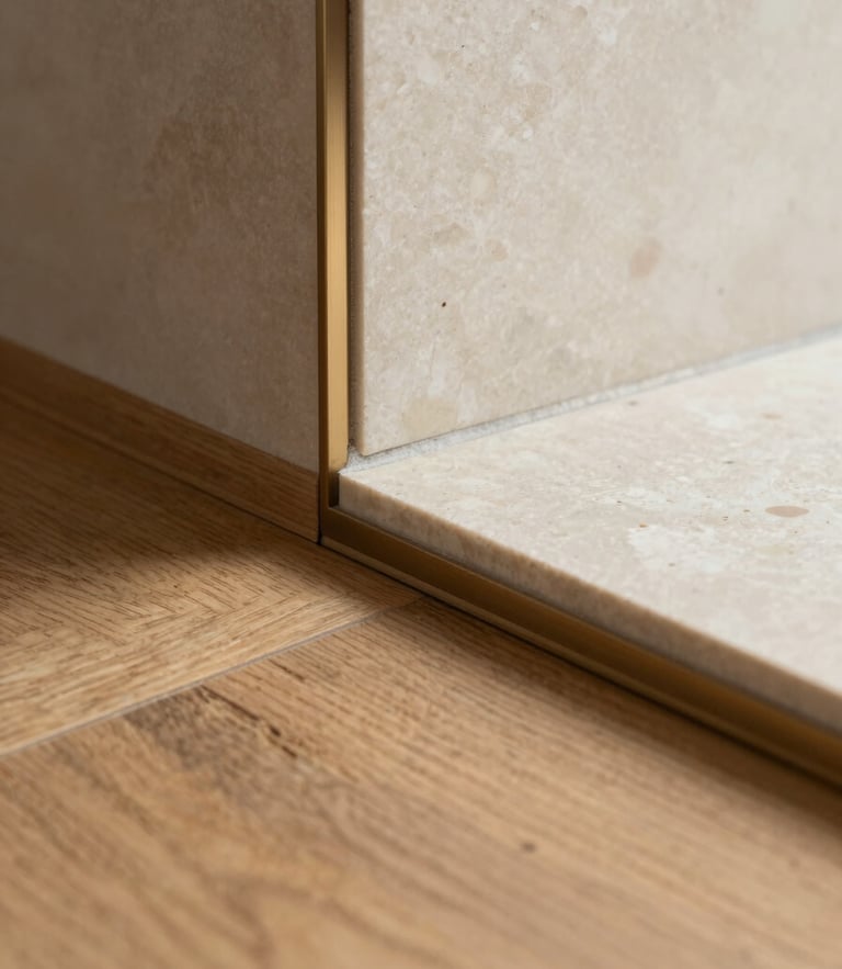 Straight-on macro shot of a precise material transition, oak flooring meeting travertine cream tiles with a perfect brushed bronze joint, soft natural side-light highlighting the matte textures.